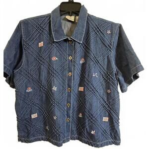 Koret Denim Button-Up Shirt with Embroidered American Flags and Stars Size XL